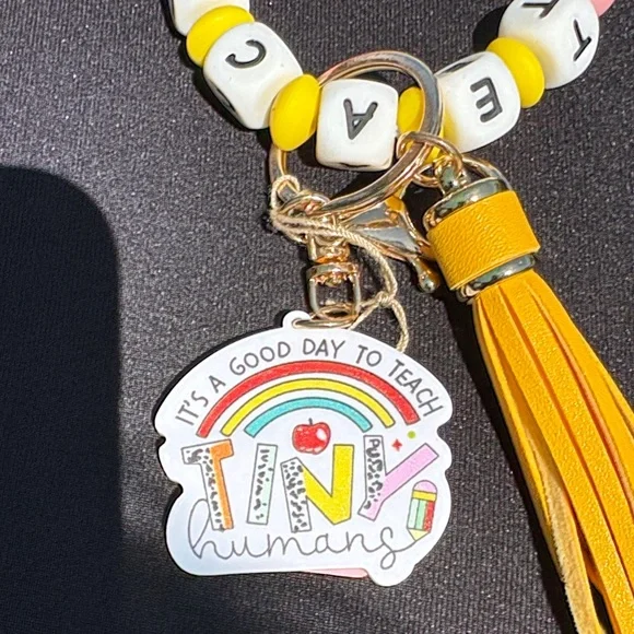 Rainbow Beaded Keychain Wristlet with Yellow Tassel - Picture 2 of 2